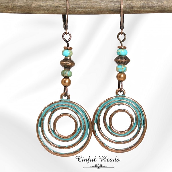 Boho Antique Copper Dangle Earrings - Copper Tribal Drop Earrings - Rustic Pendant Earrings - Copper Earrings With  Turquoise Sea Sediment