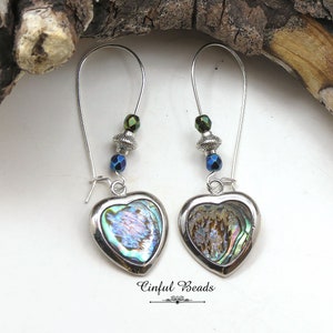 Boho Abalone Heart Dangle Earrings - Silver Paua Shell Heart Earrings - Silver Abalone Heart Drop Earrings