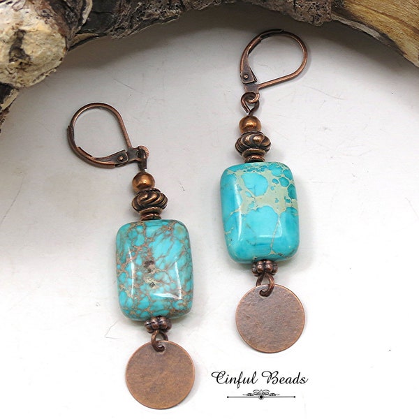 Boho Turquoise and Copper Dangle Earrings - Turquoise Imperial Jasper and Antique Copper Drop Earrings - Jasper Dangle Earrings For Women