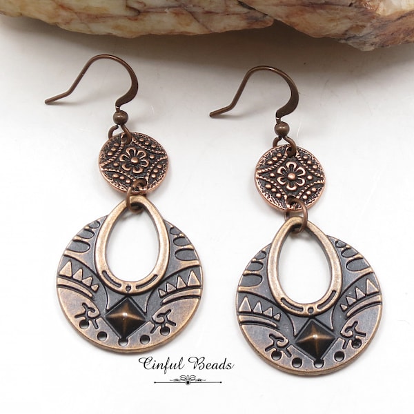 Boho Antique Copper Dangle Earrings - Tribal Boho Earrings - Ethnic Bohemian Jewelry - Antique Copper Tribal Earrings -Boho Chic Earrings