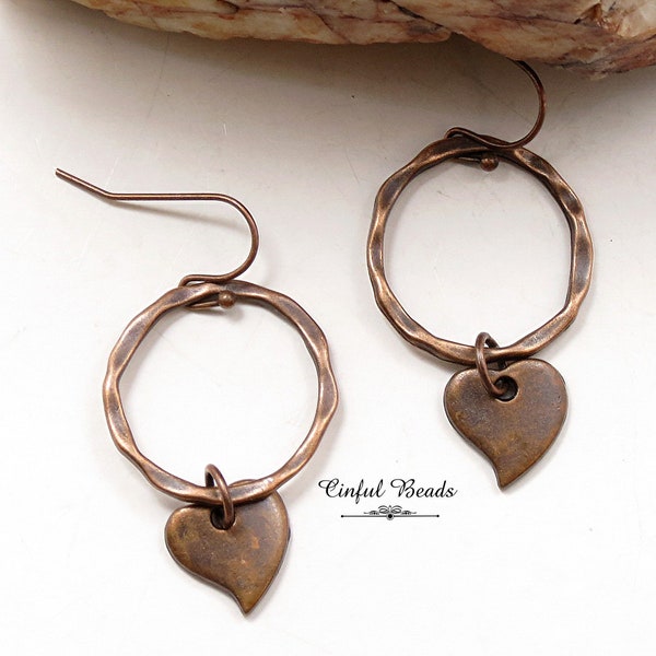 Boho Antique Copper Dangle Earrings - Small Copper Heart Earrings - Rustic Hammered Look Hoop Earrings With Dainty Copper Heart Dangle