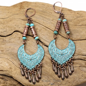Boho Antique Copper Dangle Earrings - Copper Patina Boho Chandelier Earrings - Rustic Bohemian Jewelry - Ethnic Tribal Drop Earrings