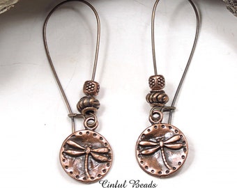 Boho Antique Copper Dragonfly Dangle Earrings - Dragonfly Charm Earrings - Minimalist Antique Copper Dragonfly Earrings - Boho Drop Earrings