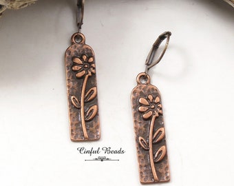 Dainty Boho Antique Copper Flower Earrings - Floral Dangle Charm Earrings - Minimalist Antique Copper Flower Earrings - Metal Drop Earrings