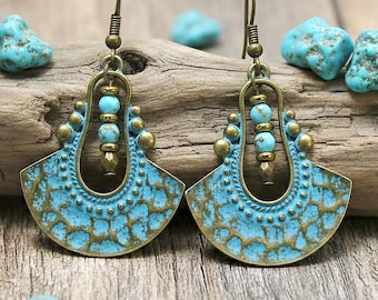 Boho Bronze Patina Dangle Leather Earrings with Turquoise Magnesite Beads - Lightweight And A Choice of Earwires
