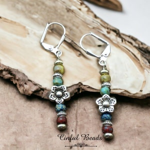 Dainty Multicolor Picasso Seed Bead Stick Earrings with Flower Spacer Bead - Lightweight And Comfortable Boho Statement Jewelry