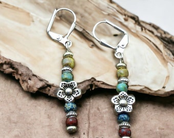 Dainty Multicolor Picasso Seed Bead Stick Earrings with Flower Spacer Bead - Lightweight And Comfortable Boho Statement Jewelry