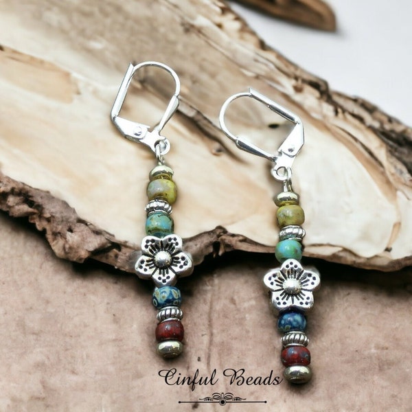 Dainty Multicolor Picasso Seed Bead Stick Earrings with Flower Spacer Bead - Lightweight And Comfortable Boho Statement Jewelry