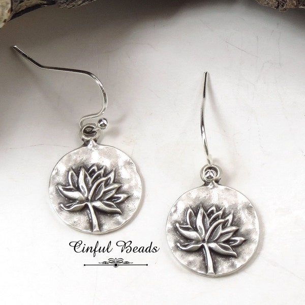 Dainty Boho Antique Silver Lotus Flower Earrings - Lotus Dangle Charm Earrings - Minimalist Antique Silver Lotus Earrings