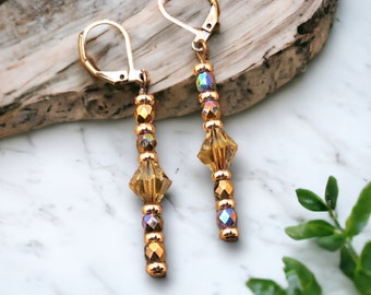 Sparkling Rose Gold Dangle Earrings - Dainty Stick Earrings With Glittery Bronze Fire Polished Beads and Crystal Bicone - Customize Earwires