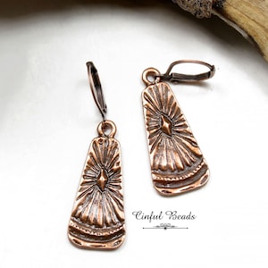 Antique Copper Tribal Dangle Earrings - Copper Ethnic Charm Drop Earrings - Rustic Boho Antique Copper Earrings