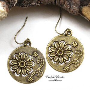 Boho Antique Bronze Dangle Earrings - Bronze Flower Boho Earrings - Tribal Floral Brass Earrings - Bohemian Jewelry