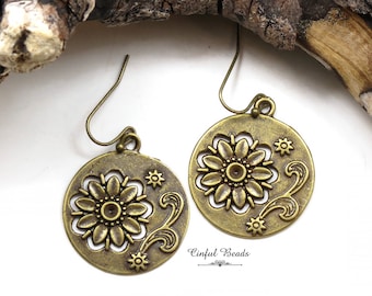 Boho Antique Bronze Dangle Earrings - Bronze Flower Boho Earrings - Tribal Floral Brass Earrings - Bohemian Jewelry