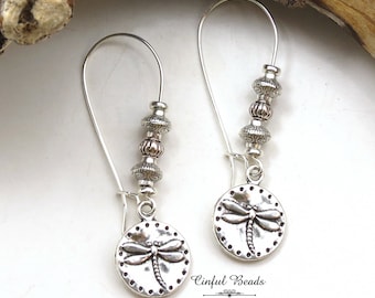 Boho Antique Silver Dragonfly Earrings - Long Dragonfly Dangle Charm Earrings - Minimalist Antique Silver Dragonfly Earrings