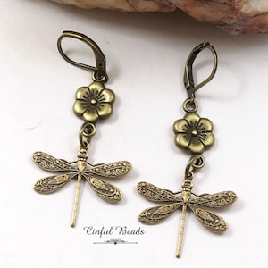 Dainty Boho Antique Bronze Dragonfly Earrings - Dragonfly Dangle Charm Earrings - Minimalist Flower Dragonfly Earrings