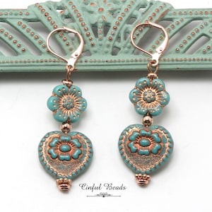 Turquoise Boho Flower Heart Earrings - Turquoise and Copper Czech Glass Flower Earrings - Czech Glass Flower Beads