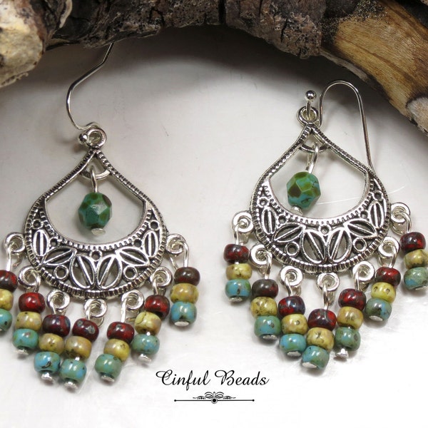 Silver Boho Chandelier Earrings - Southwestern Seed Bead Dangle Earrings - Multicolor Tribal Dangle Earrings - Ethnic Bohemian Jewelry