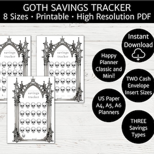 May include: Three printable gothic-style savings trackers with a skull design. The trackers are available in eight sizes and two cash envelope insert sizes. The text on the trackers reads "savings tracker" and "goal".