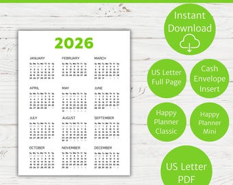 Pode incluir: Um calendário imprimível de 2026 em verde limão, com o ano em números grandes e em negrito em verde. O calendário inclui os meses de janeiro a dezembro, com os dias da semana e as datas. Gráficos circulares adicionais estão presentes.