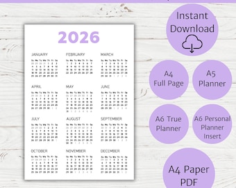 Puede incluir: Calendario imprimible 2026 en color lila claro, con diseño mensual. Incluye opciones para A4 página completa, A5 planificador, A6 planificador verdadero, A6 inserto de planificador personal y PDF A4. Contiene el texto "Descarga instantánea".