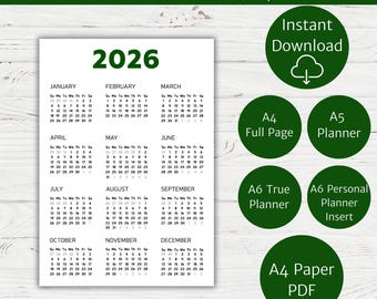 Pode incluir: Calendário imprimível verde de 2026, com o ano em destaque. Inclui calendários mensais e opções de tamanho A4, A5 e A6, além de uma versão PDF. Apresenta o texto "Download Instantâneo".