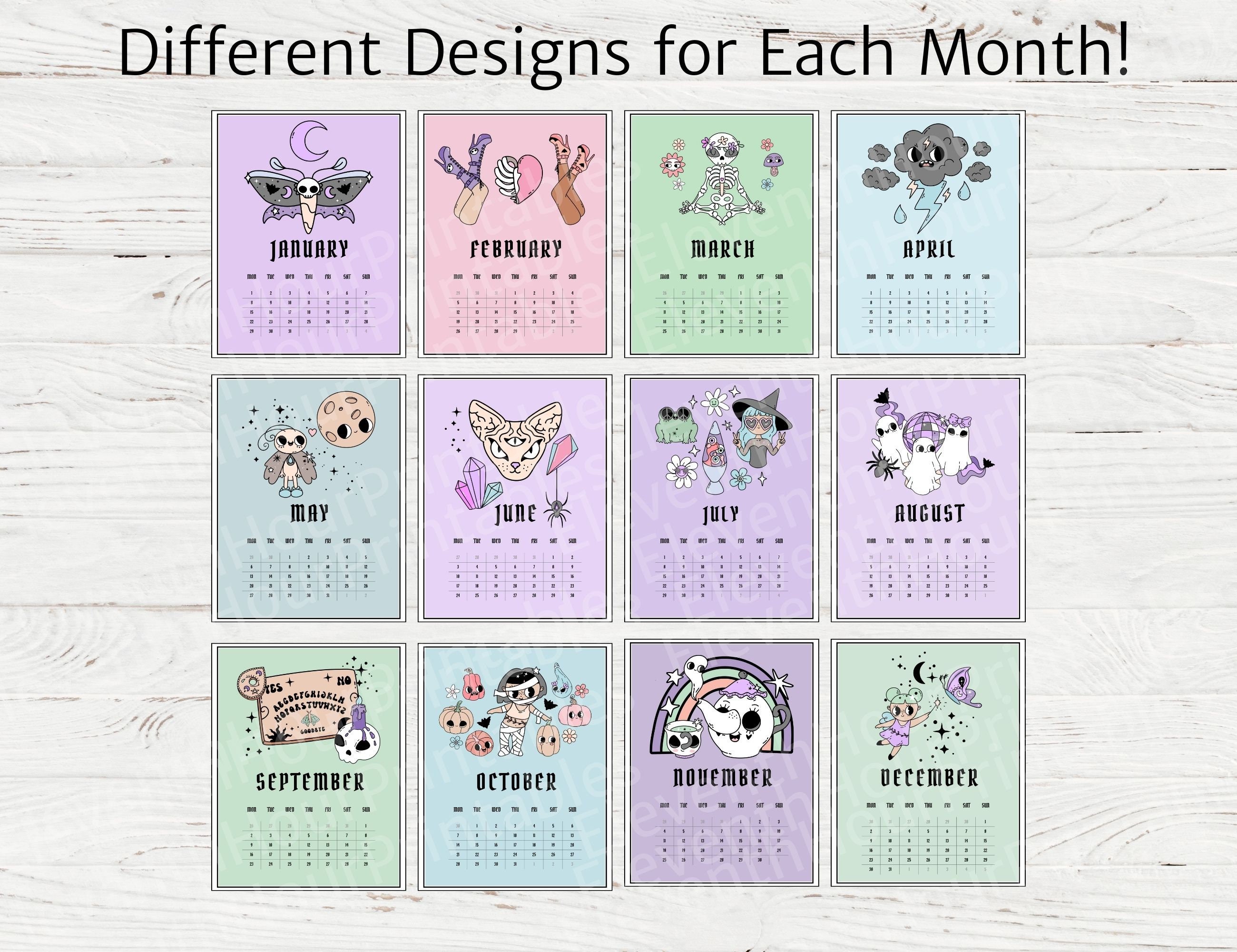 Pastel Goth Printable 2024 Calendar, Pastel Goth Planner, Monthly ...