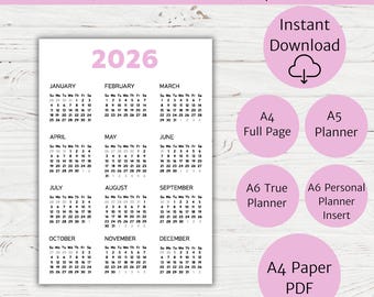 Puede incluir: Calendario imprimible rosa de 2026, con opciones A4 página completa, A5 planner, A6 True Planner, A6 Personal Planner Insert y A4 PDF. El año 2026 se muestra en rosa, con diseños mensuales.