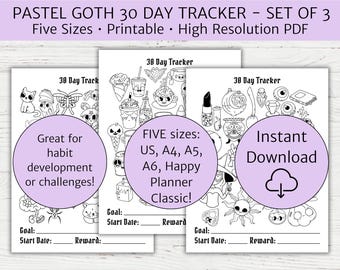 Pastel Goth Habit Tracker Printable,  Goth Witchy Planner, Habit Tracker, Goal Tracker, Printable Challenge Tracker, Light Academia Kawaii