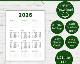 Pode incluir: Calendário imprimível de 2026 em verde, com um layout claro de meses e datas. Disponível nos tamanhos US Letter, página inteira e Happy Planner. Download instantâneo em PDF.