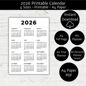 May include: A black and white 2026 printable calendar with the year in large numbers. Includes monthly calendars and options for A4, A5, and A6 sizes, plus a PDF download.