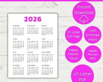 Puede incluir: Un calendario imprimible de 2026 en tamaño US Letter, con un encabezado rosa intenso. El calendario presenta un fondo blanco con texto negro e iconos circulares rosas con texto como "Descarga instantánea" y "US Letter PDF".
