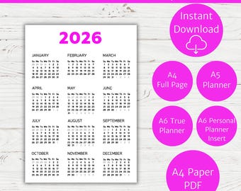 Puede incluir: Calendario imprimible 2026 en rosa intenso, con el año en letras grandes y en negrita. Incluye calendarios mensuales y opciones para tamaños A4, A5, A6 y formato PDF. Descarga instantánea.
