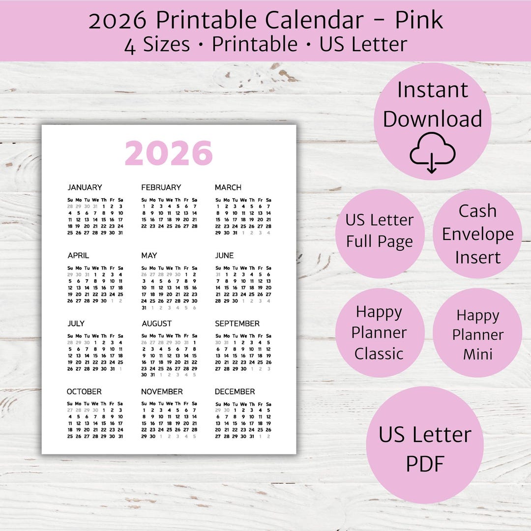 Pink 2026 Calendar, 2026 Printable Calendar, 12 Month Desk Calendar ...