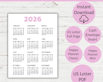 Puede incluir: Calendario imprimible rosa 2026 con un diseño minimalista. El calendario incluye los 12 meses, con el año y los nombres de los meses en un tono rosa suave. Círculos rosas adicionales indican opciones de descarga y uso.
