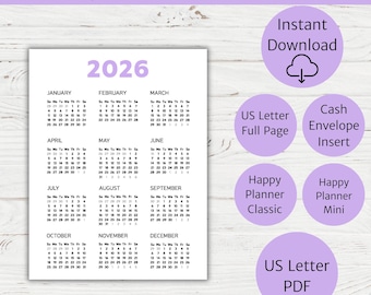 Puede incluir: Calendario imprimible 2026 en color púrpura claro con el texto "2026 Printable Calendar - Light Purple" en la parte superior. El calendario incluye los meses de enero a diciembre, con fechas y días de la semana. El texto adicional incluye "4 Sizes Printable US Letter".