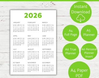 Pode incluir: Um calendário imprimível verde limão de 2026 com o ano em grandes números verdes. O calendário inclui todos os doze meses, com opções para A4 página inteira, A5 planejador, A6 planejador verdadeiro, A6 inserção de planejador pessoal e A4 PDF.