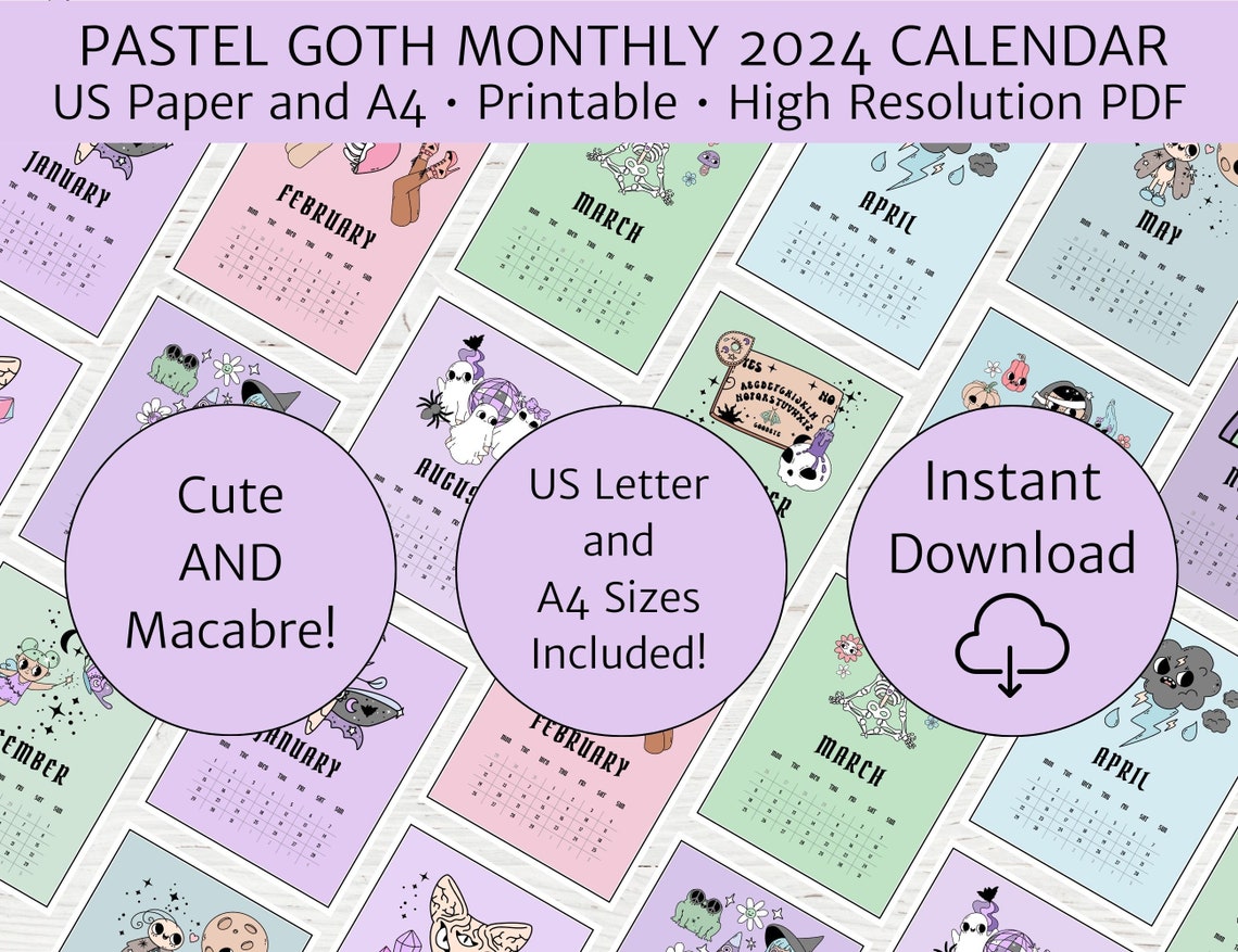 Pastel Goth Printable 2024 Calendar, Pastel Goth Planner, Monthly ...