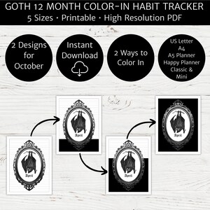 May include: Printable goth habit tracker with a bat illustration in a frame. The tracker is available in 5 sizes, including US Letter, A4, A5 Planner, Happy Planner Classic & Mini. The image shows two different color options for the tracker: black and white, and black.
