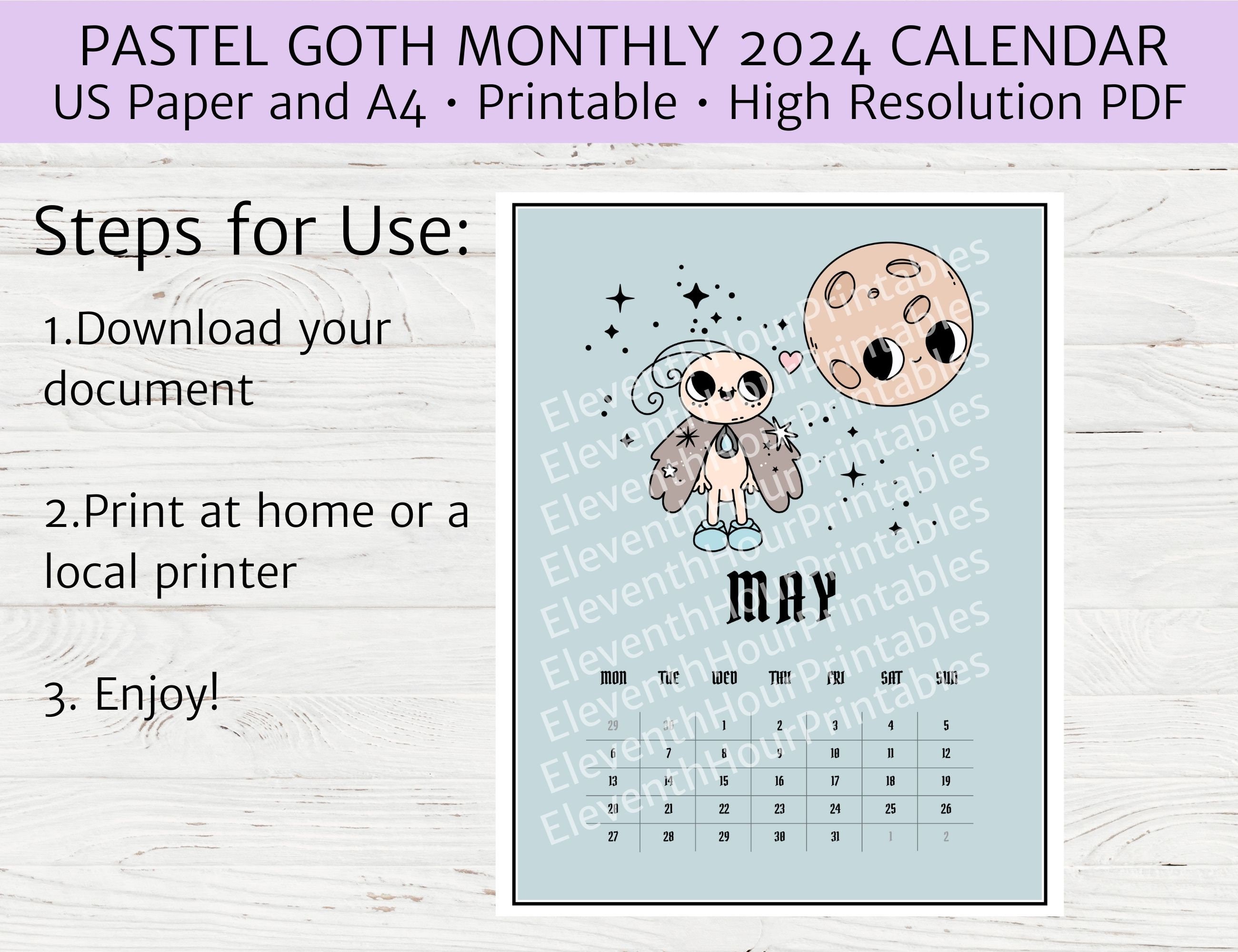 Pastel Goth Printable 2024 Calendar, Pastel Goth Planner, Monthly ...