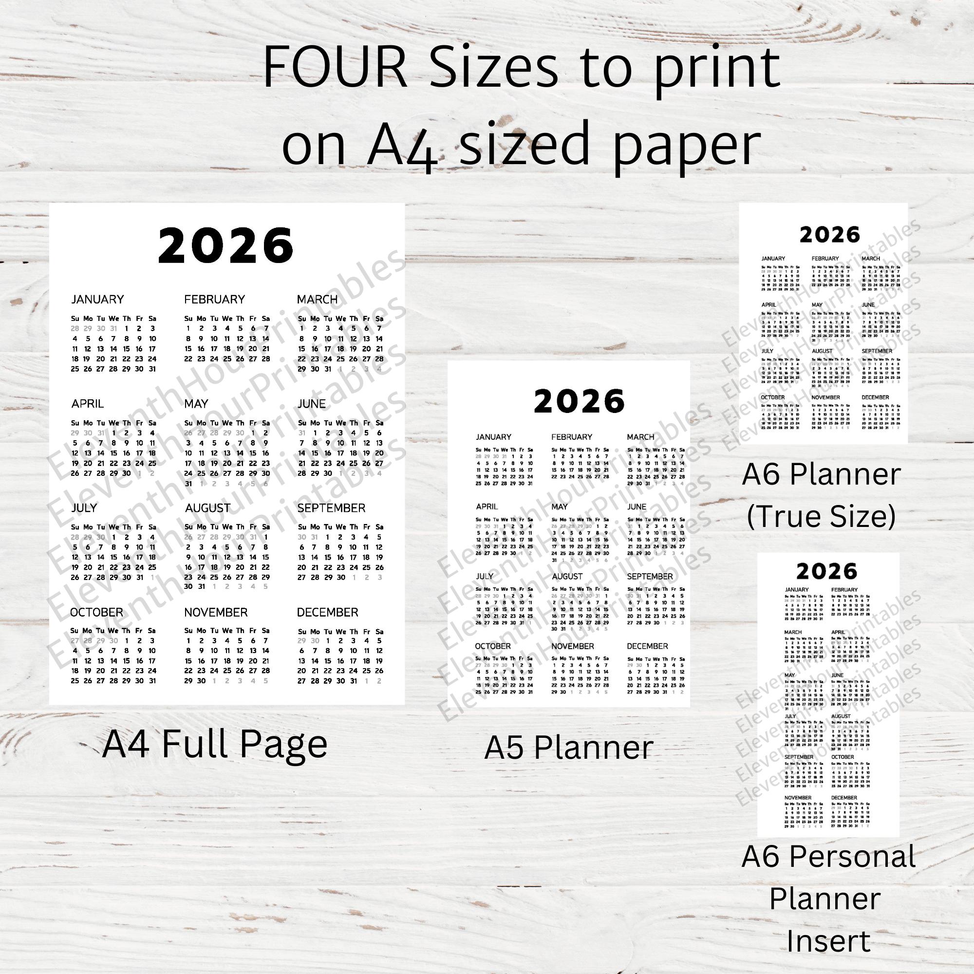 A4 - 2026 Calendar, 2026 Printable Calendar, 12 Month Desk Calendar