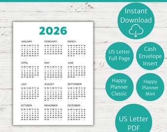 Pode incluir: Calendário imprimível de 2026 em teal, com o ano em grandes algarismos teal. O calendário mostra os meses de janeiro a dezembro. Ícones circulares teal indicam opções de download. O texto "US Letter" também é visível.