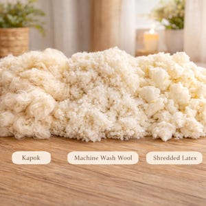 May include: An image showcasing three different types of pillow fill: Kapok, Machine Wash Wool, and Shredded Latex. The Kapok appears as loose, light-colored fibers. The Machine Wash Wool is a fluffy, white material. The Shredded Latex is a chunky, off-white fill.