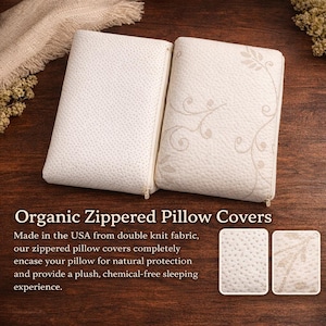 May include: Two off-white organic zippered pillow covers. One cover has a dotted texture, the other features a decorative leaf and vine design. The covers are made in the USA from double knit fabric.