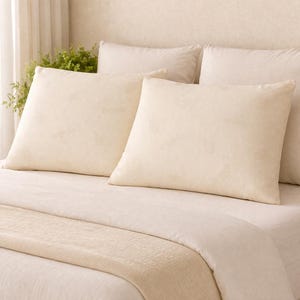 May include: Two off-white square pillows with the word "Organic" printed on them, resting on a bed with matching bedding. A decorative beige throw is at the foot of the bed. The pillows are in a bedroom setting.