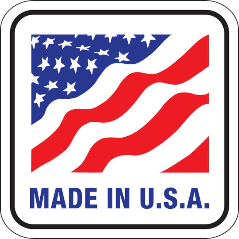 May include: A square graphic label with rounded corners featuring a stylized American flag design with wavy red and white stripes and a blue field with white stars. Below the flag, the text MADE IN U.S.A. is printed in bold blue capital letters.