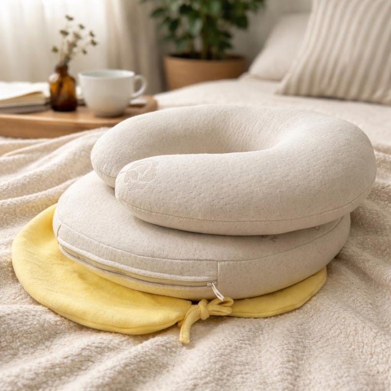 May include: A U-shaped cream-colored neck pillow with a textured fabric surface rests on top of a round, flat, cream-colored cushion. A bright yellow circular fabric base with a drawstring tie is positioned underneath the round cushion.