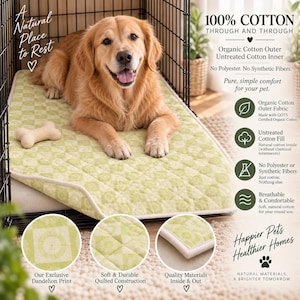 May include: A light green quilted pet mat with a dandelion print, featuring a dog resting on top. The mat is labeled 100% cotton, organic outer fabric, untreated cotton fill, no polyester or synthetic fibers, and breathable construction.