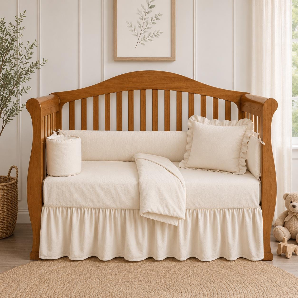 Crib Protector Ruffle Organic Cotton Crib Skirt: Ruffled Dust Protection, Natural Sateen ...