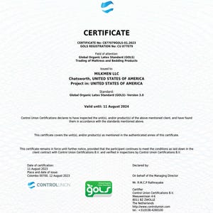 May include: A white certificate with blue accents, issued by Control Union Certifications. The certificate is for MILKMEN LLC, based in Chatsworth, USA, and is valid until August 11, 2024. It certifies compliance with the Global Organic Latex Standard (GOLS).