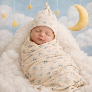 May include: A sleeping baby wrapped in a cream-colored swaddle blanket and matching hat, both adorned with a blue sunburst pattern. The baby rests on a fluffy white surface, with a backdrop of a blue sky, clouds, and hanging stars and a crescent moon.